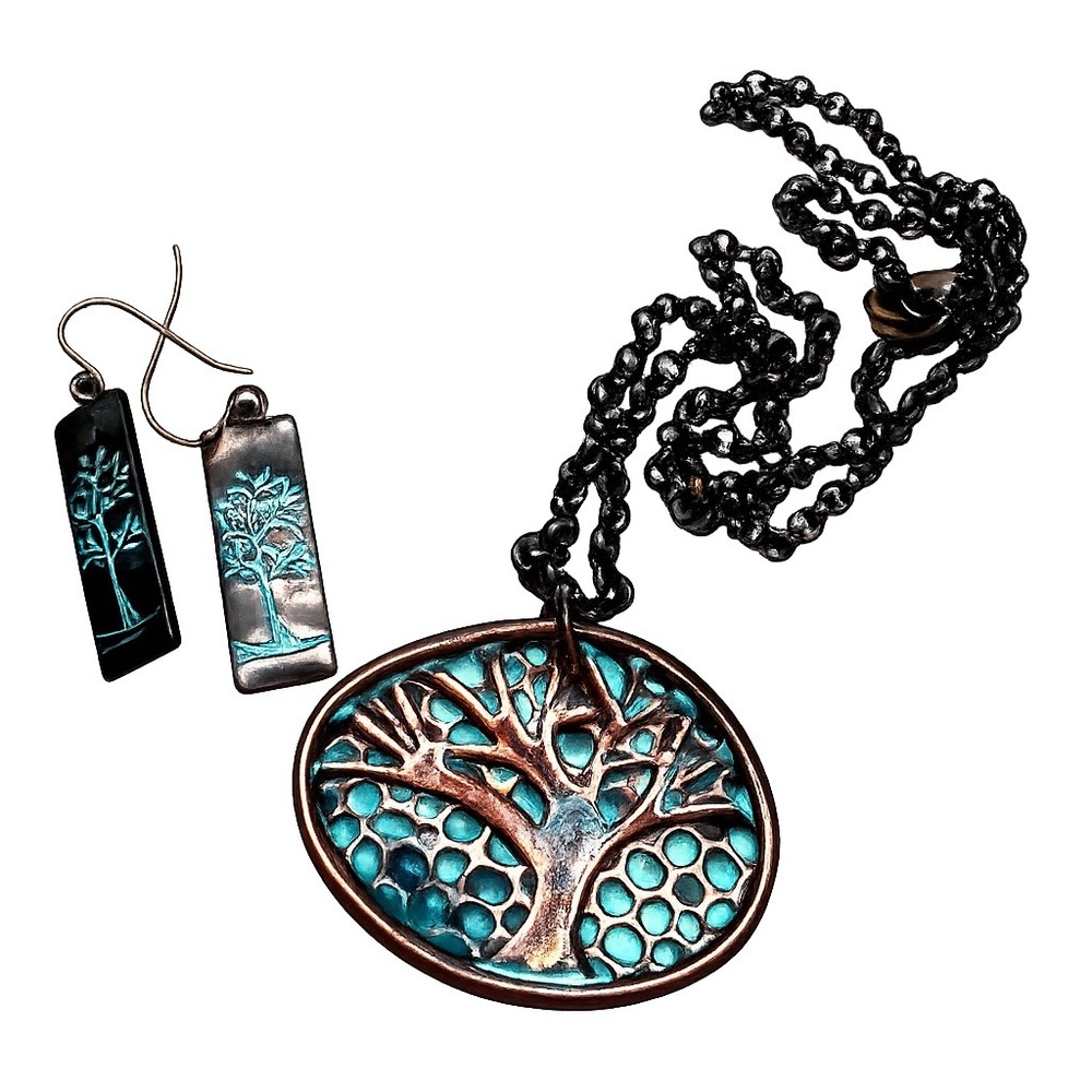 Vintage Tree of Life Necklace and Earring Set Copper Turquoise Nature Jewelry‎